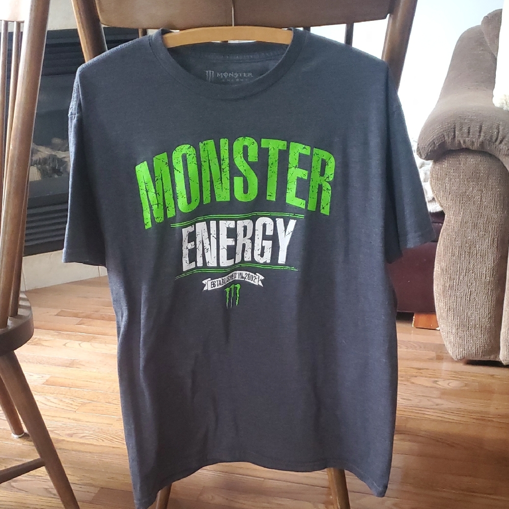 Gray and Green Monster Energy Men's T Shirt